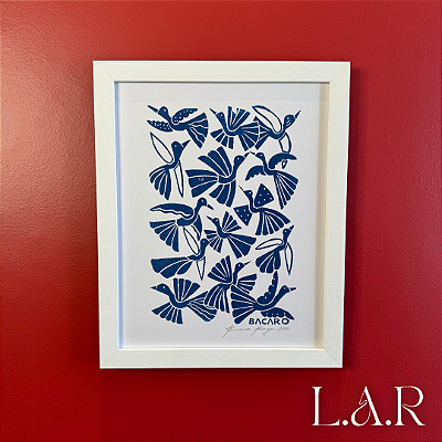 Quadro Xilogravura Revoada de Pássaros Azul 33 x 24 cm _ Bacaro