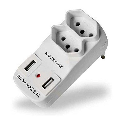 ADAPTADOR TOMADA 2 SAIDAS 2P+T COM 2 PORTAS USB WI331 BRANCO MULTILASER