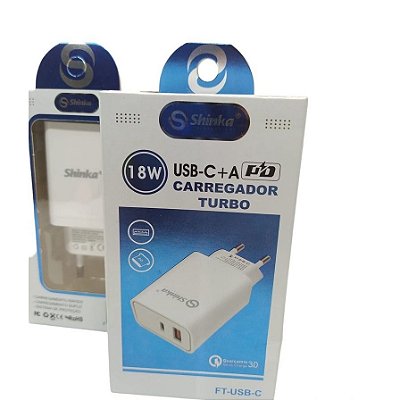 CARREGADOR USB + USB C 18W FT-USB-C BRANCO SHINKA