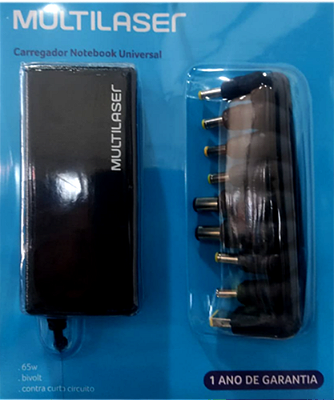 CARREGADOR NOTEBOOK UNIVERSAL COMPACTO 65W C/ 9 CONECTORES CB082 PRETO MULTILASER