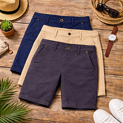 Kit 3 Bermudas Masculina em Sarja Premium - Cores Sortidas