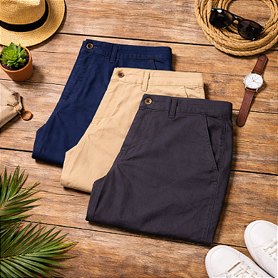 Kit 3 Calças Masculina em Sarja Premium - Cores Sortidas