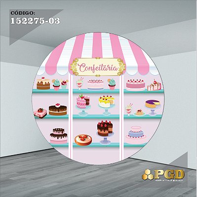 PAINEL REDONDO 1,5 x 1,5 MT -  tema - CONFEITARIA Modelo 03 TECIDO EM - HELANCA