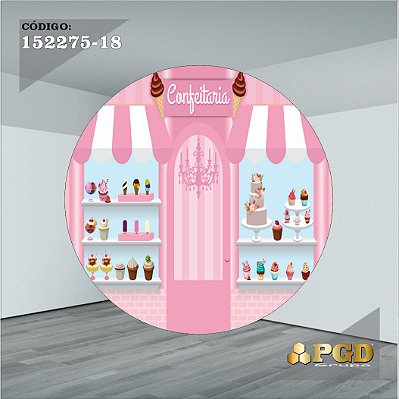 PAINEL REDONDO 1,5 x 1,5 MT -  tema - CONFEITARIA Modelo 18 TECIDO EM - HELANCA