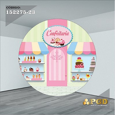 PAINEL REDONDO 1,5 x 1,5 MT -  tema - CONFEITARIA Modelo 23 TECIDO EM - HELANCA