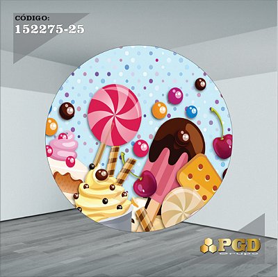 PAINEL REDONDO 1,5 x 1,5 MT -  tema - CONFEITARIA Modelo 25 TECIDO EM - HELANCA
