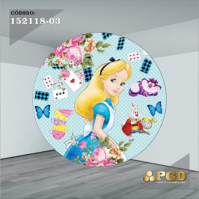 PAINEL REDONDO 1,5 x 1,5 MT -  tema - Alice no pais das maravilhas Modelo 03 TECIDO EM - HELANCA