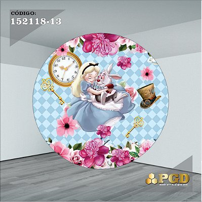 PAINEL REDONDO 1,5 x 1,5 MT -  tema - Alice no pais das maravilhas Modelo 13 TECIDO EM - HELANCA
