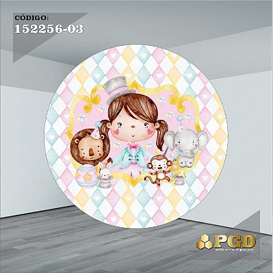 PAINEL REDONDO 1,5 x 1,5 MT -  tema - CIRCO ROSA Modelo 03 TECIDO EM - HELANCA