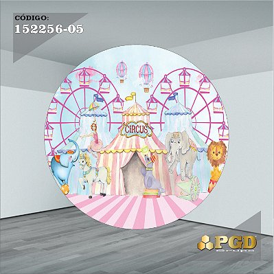 PAINEL REDONDO 1,5 x 1,5 MT -  tema - CIRCO ROSA Modelo 05 TECIDO EM - HELANCA