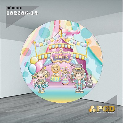 PAINEL REDONDO 1,5 x 1,5 MT -  tema - CIRCO ROSA Modelo 15 TECIDO EM - HELANCA