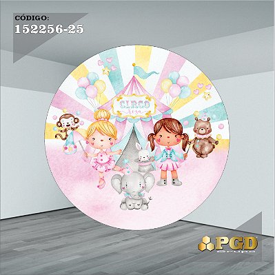 PAINEL REDONDO 1,5 x 1,5 MT -  tema - CIRCO ROSA Modelo 25 TECIDO EM - HELANCA