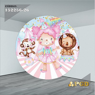 PAINEL REDONDO 1,5 x 1,5 MT -  tema - CIRCO ROSA Modelo 26 TECIDO EM - HELANCA