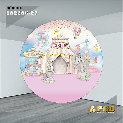 PAINEL REDONDO 1,5 x 1,5 MT -  tema - CIRCO ROSA Modelo 27 TECIDO EM - HELANCA