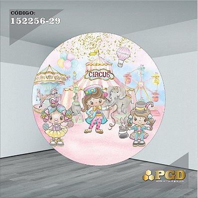 PAINEL REDONDO 1,5 x 1,5 MT -  tema - CIRCO ROSA Modelo 29 TECIDO EM - HELANCA