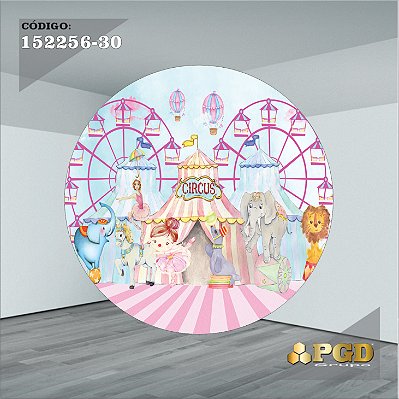 PAINEL REDONDO 1,5 x 1,5 MT -  tema - CIRCO ROSA Modelo 30 TECIDO EM - HELANCA