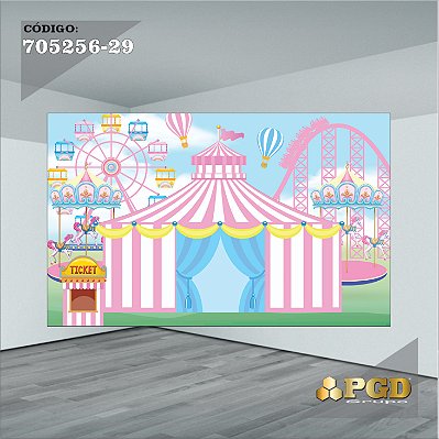 PAINEL RETANGULAR 4,00 X 2,48 MT tema - CIRCO ROSA Modelo 29 TECIDO EM - MICRO LIGHT