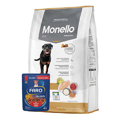 Kit Promocional Ração Monello Dog Tradicional para Cães Adultos Sabor Frango 15kg + Sache