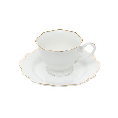 Conjunto 6 Xícaras de Café de Porcelana com Pires Maldivas Branco com Fio Dourado 80ml