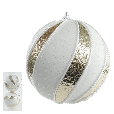 Bola de Natal Decorada Plástico Branco 10cm C/2 Und