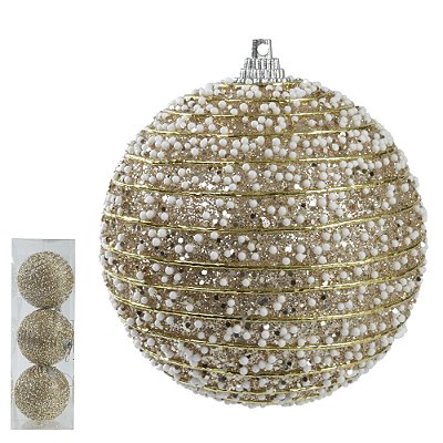 Bola de Natal Decorada Plástico Dourado 8cm C/3 Und