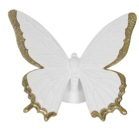 Escultura Decor Poliresina Borboleta Branco Dourado 19,8cm