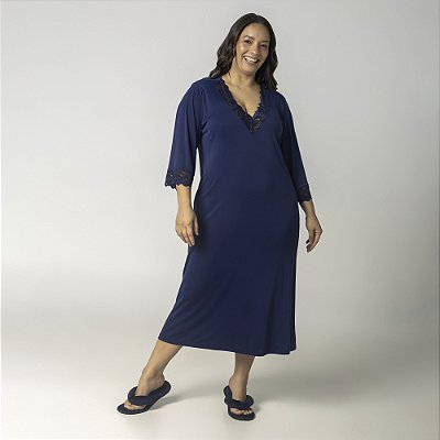 Camisola Midi Plus Size Marinho com Renda