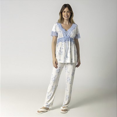 Pijama Feminino Gestante Branco Blosson Blue