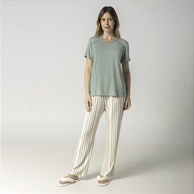 Pijama Feminino Manga Curta Listra Provence e Verde