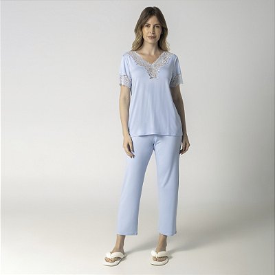 Pijama Feminino Capri Azul Claro com Renda