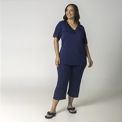 Pijama Feminino Capri Plus Size Marinho com Renda