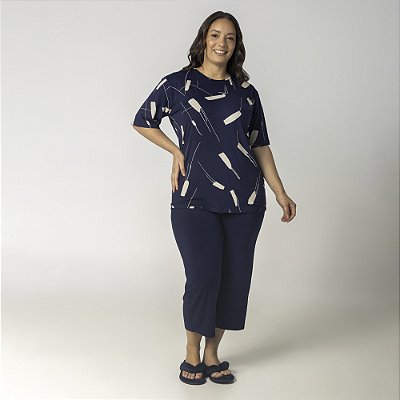 Pijama Feminino Capri Plus Size Meteorito Marinho