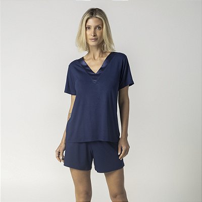 Pijama Feminino Curto Marinho com Cetim
