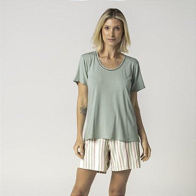 Pijama Feminino Curto Listra Provence e Verde