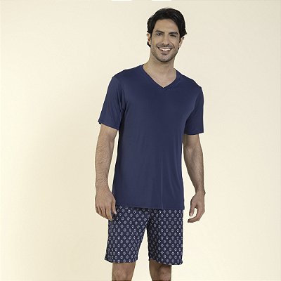 Pijama Masculino Curto Poliamida Gravataria Marinho