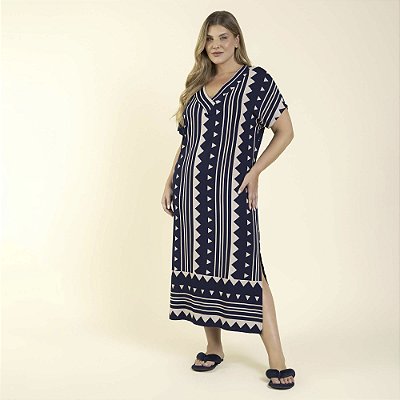 Kaftan Feminino Longo Plus Size Geometric Marinho
