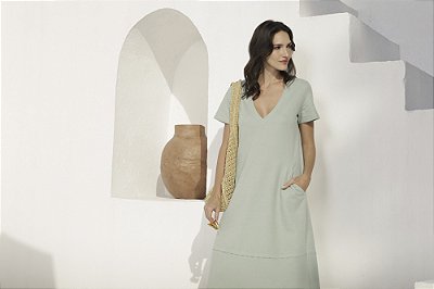 Vestido Midi com Bolso Verde Chá