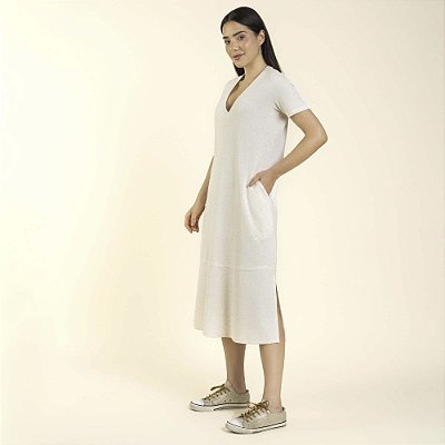 Vestido Midi com Bolso Bege Natural