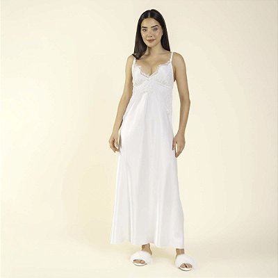 Camisola Longa Cetim Dull Off White Rendado