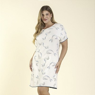 Camisão Feminino Curto Plus Size Branco e Azul Sereia