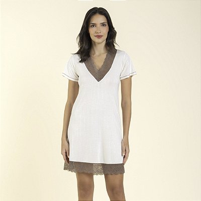 Camisão Feminino Canelado Off White com Renda