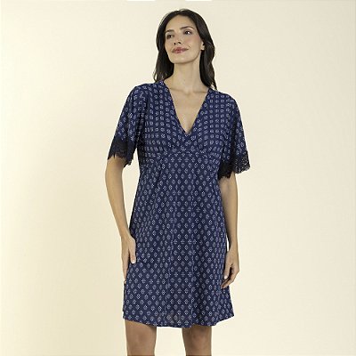 Kaftan Feminino Curto Poliamida Gravataria Marinho com Renda