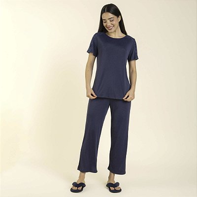 Pijama Feminino Capri Poliamida Marinho com Renda