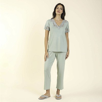 Pijama Feminino Capri Verde Mint com Renda