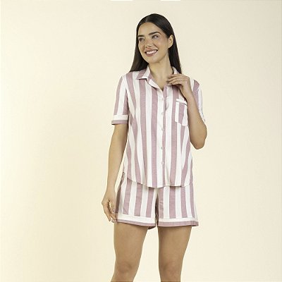 Pijama Feminino Curto Aberto Listrado Rosê