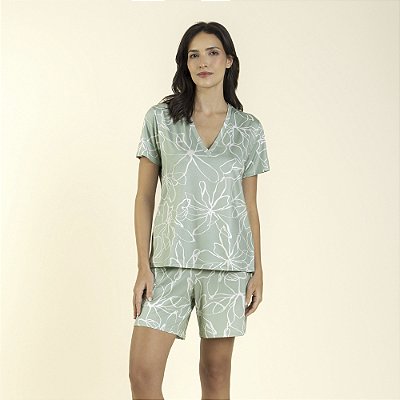 Pijama Feminino Curto Gola V Filete Green