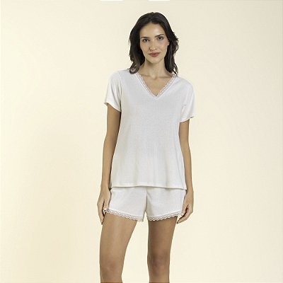 Pijama Feminino Curto Jacquard Off White