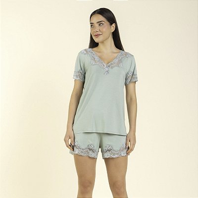 Pijama Feminino Curto Verde Mint com Renda