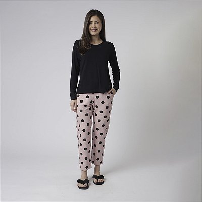 Pijama Feminino Longo Preta e Poá Rosa Lingerie