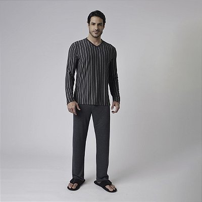 Pijama Masculino Longo Listrado Black e Preto